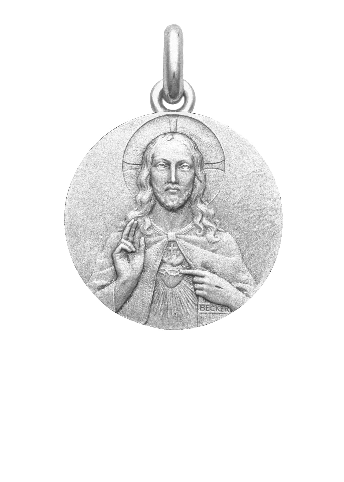 Médaille Christ Sacré Cœur OR BLANC 18 carats / 22 mm