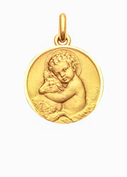 Médaille Jésus entourage poli OR JAUNE 18 carats / 15 mm