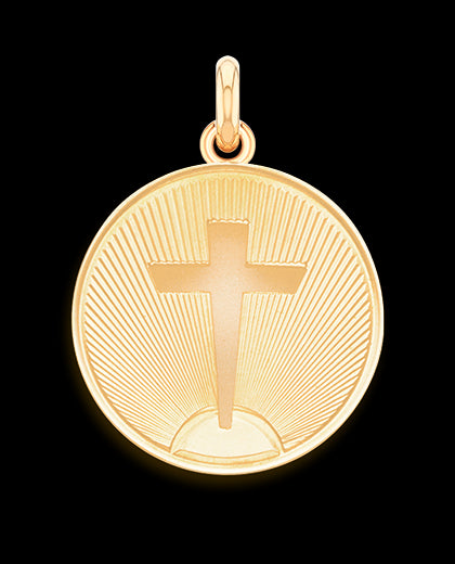 Médaille Croix rayée élancée et ajourée OR ROSE 750 / 20 mm