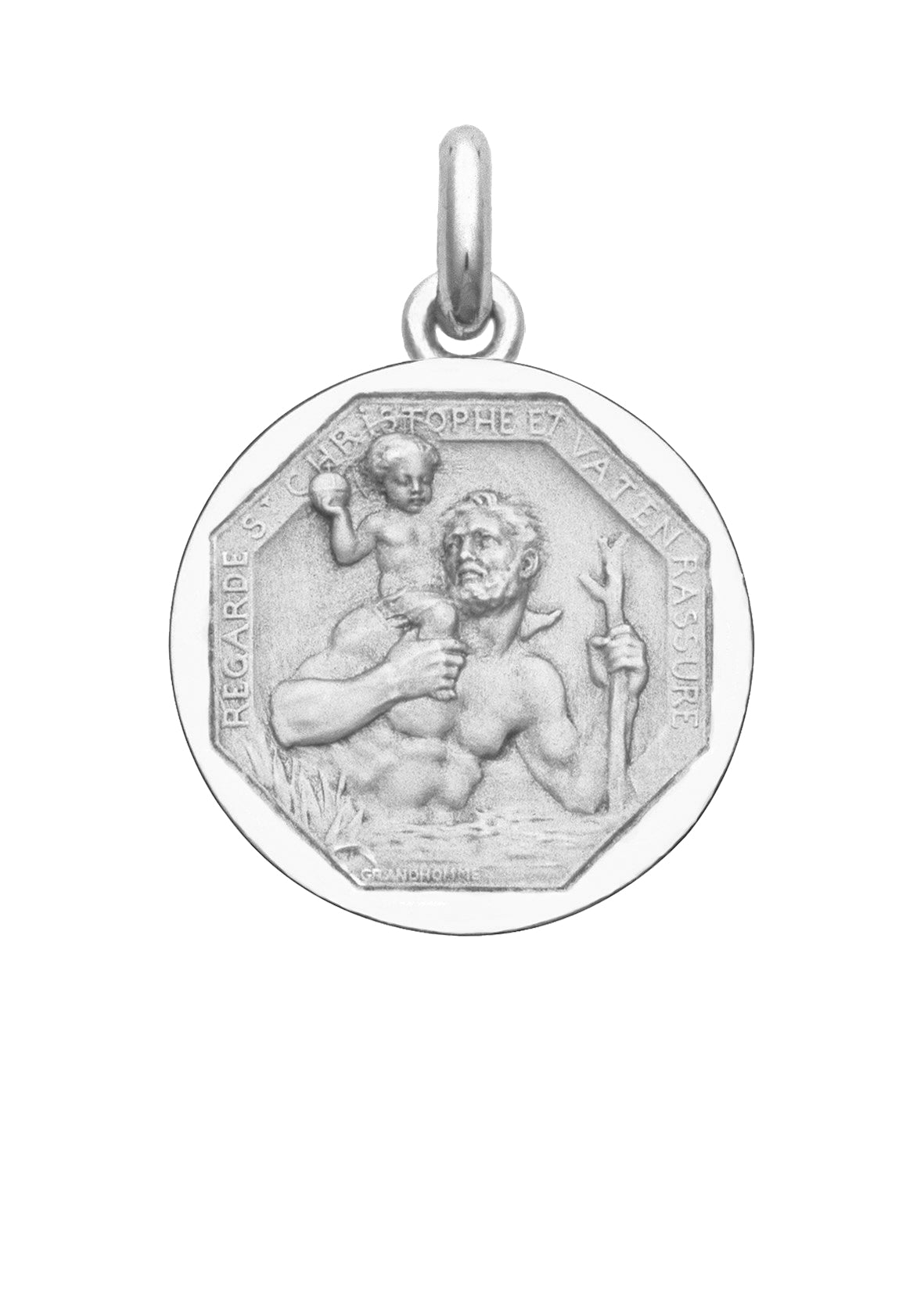 Médaille Saint Christophe gravée OR BLANC 18 carats / 22 mm