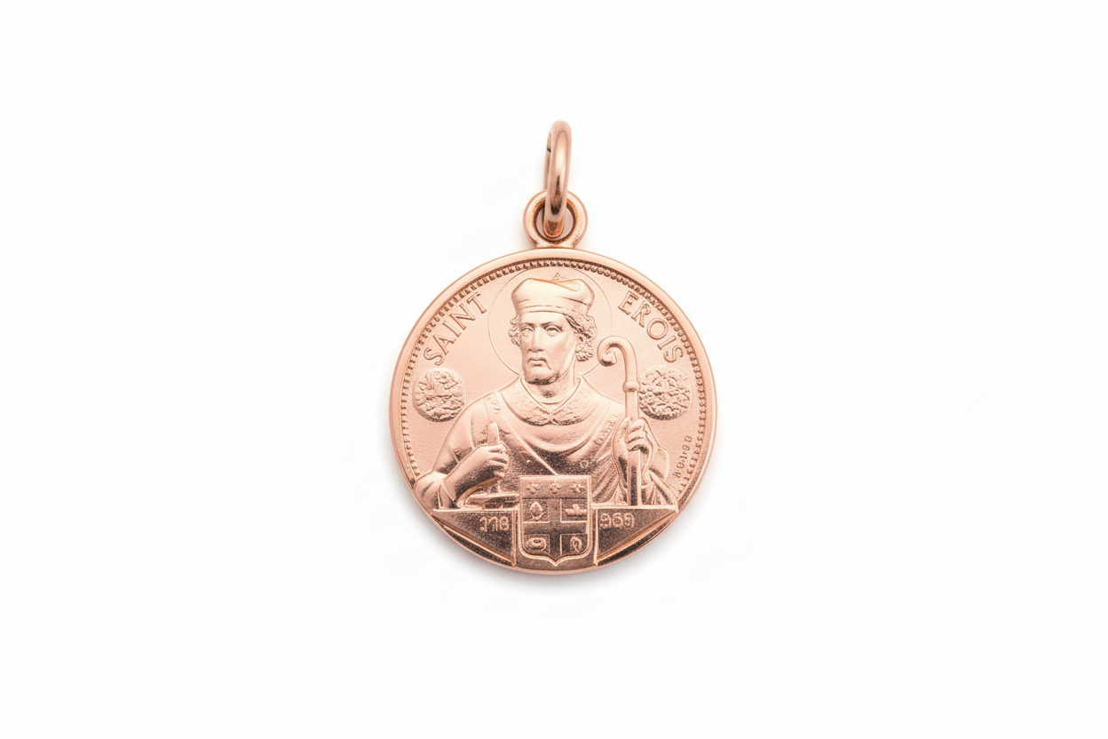 Médaille Saint Eloi en or rose sur fond blanc